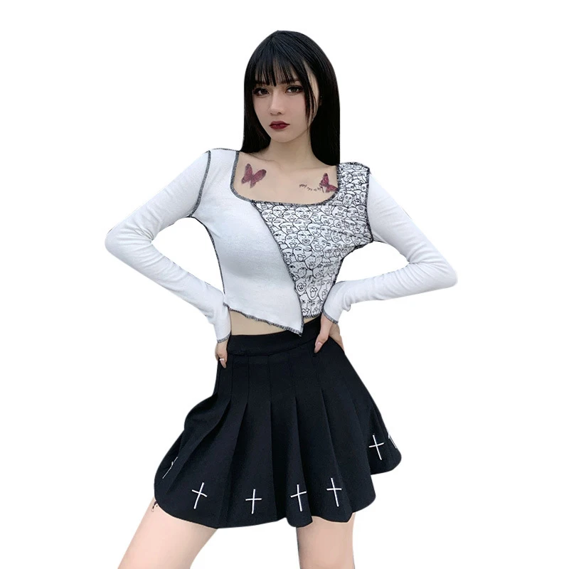 

Fashion women's sexy blouse with belly button long sleeve printing stitching personality T-shirt, Customized color