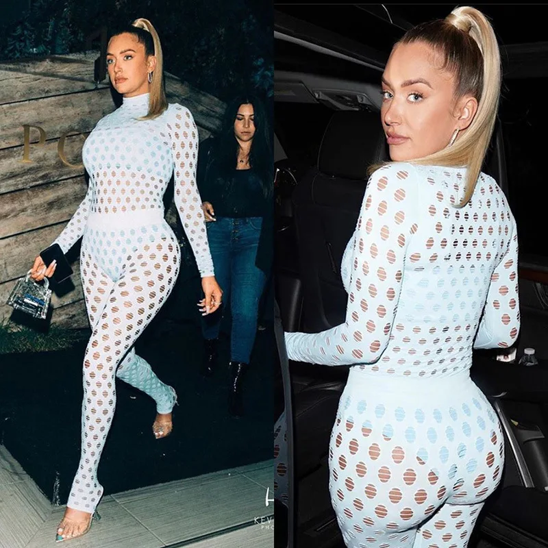 

GX0060 2021 New design XS-5XL hollow out long sleeved knit sexy see through club wear Plus size 2 piece set women clothing, Picture