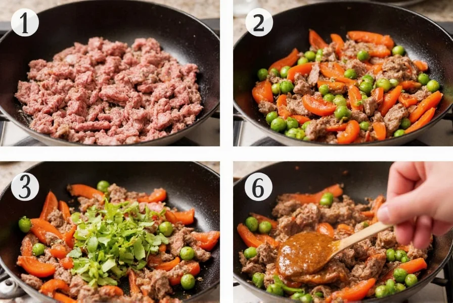 Step-by-step cooking process showing beef marinating, vegetable stir-frying, and sauce preparation for pepper steak