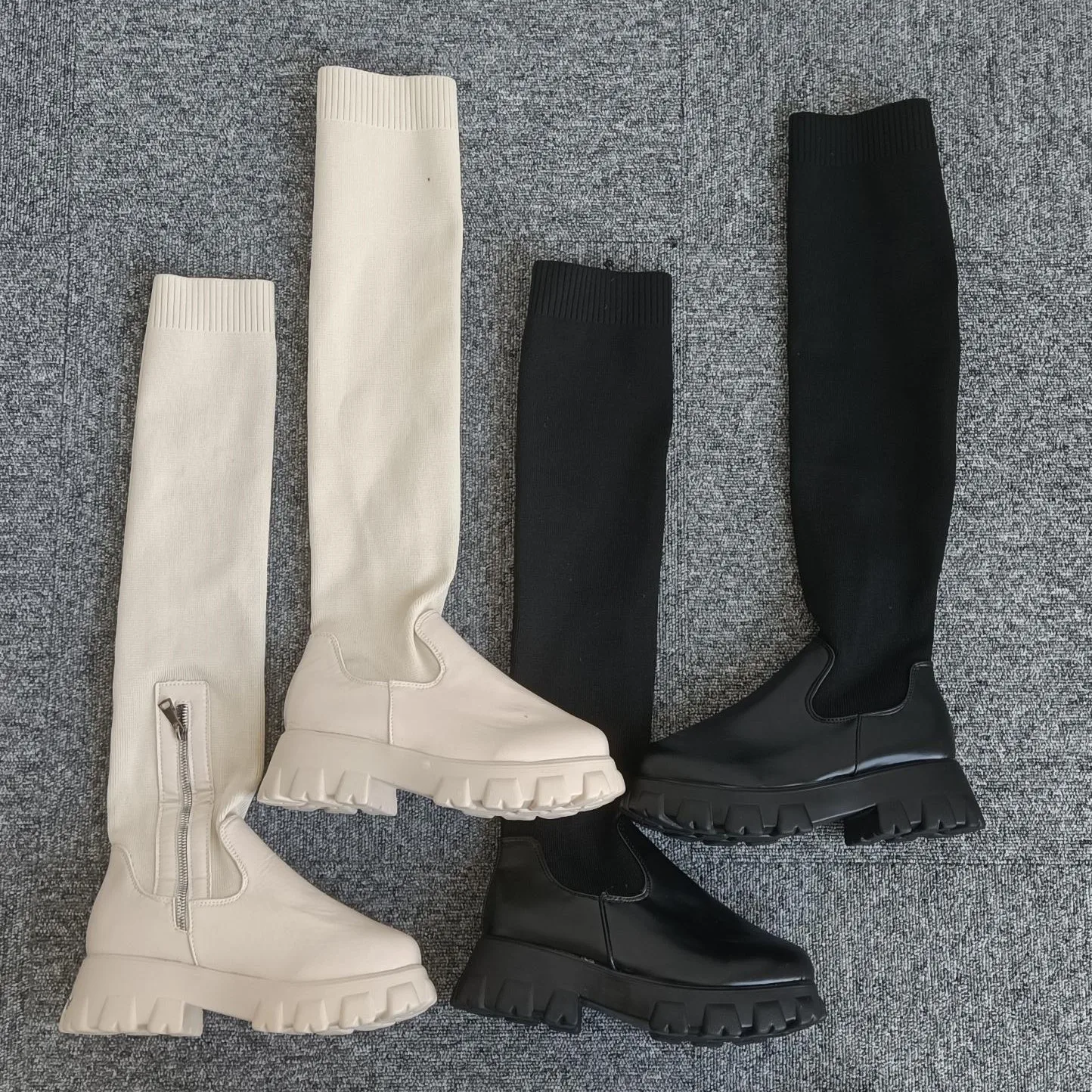 

2021 Fall Winter Shoes Woman Fashion Winter Round Toe Knitted Long Women Thigh High Boots, Black,beige