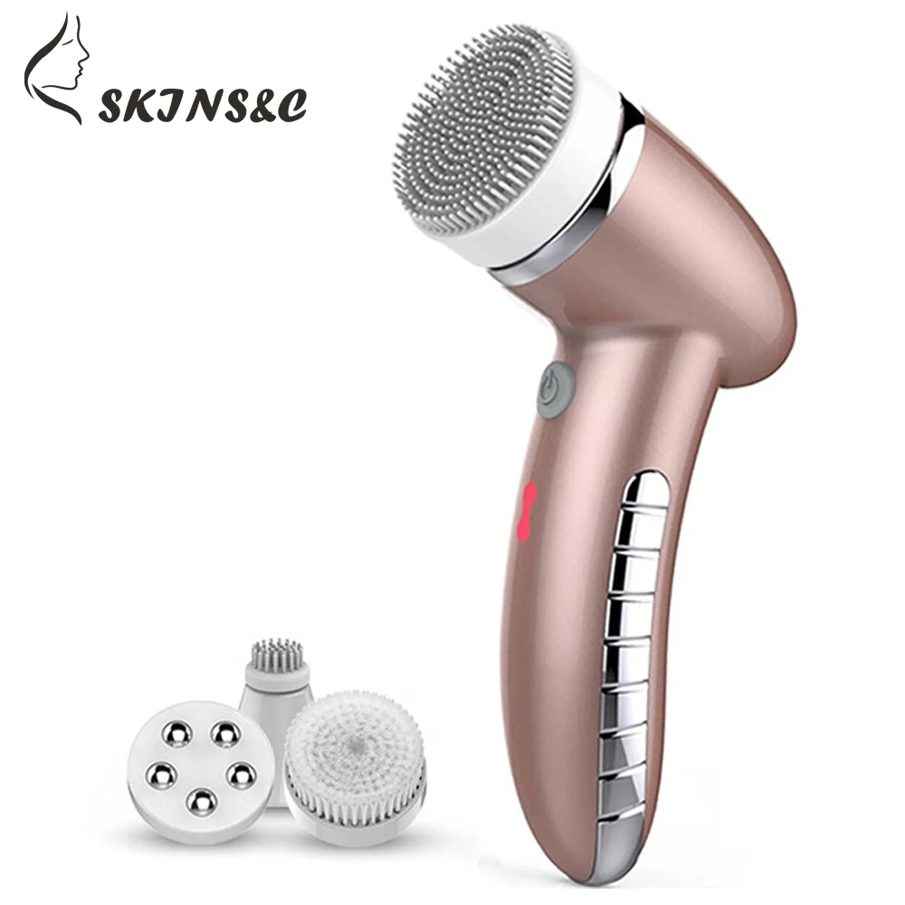 

S&C 4 In 1 Wash Facial Cleansing Brush Sonic Vibration Face Cleaner Electric Waterproof Massage with 4 Heads Face Cleaning Appar