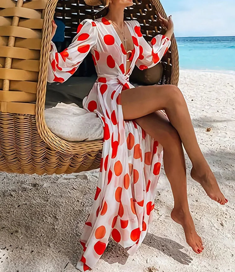 

2021 New Long Dresses Dot Beach Cover up dress Swim Cover up Robe Beachwear Sexy Tunic Long Pareos Bikinis Beach Dress Cover UP