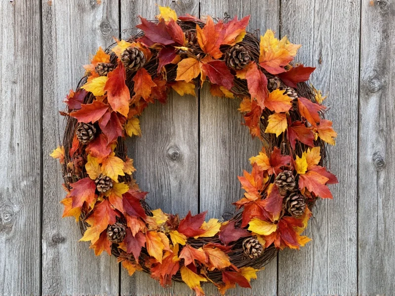 Rustic fall wreath with leaves and pinecones