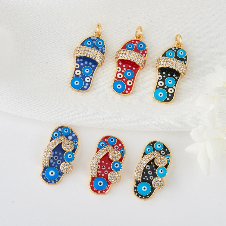

Wholesale Flip Flops shape Charms Blue Evil Eye Jewelry Women 14K Gold Plated Slippers shape Evil Eye Charm Necklace Pendant