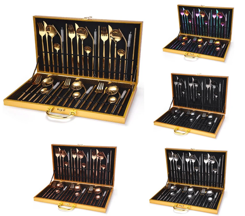 

Stainless Steel 18/0 Dinner Dinnerware Set Holiday Gold Wood Gift Box 42PCS Tableware Set Fork Spoon Knife Cutlery Set, Silver/gold/rose/rainbow/black