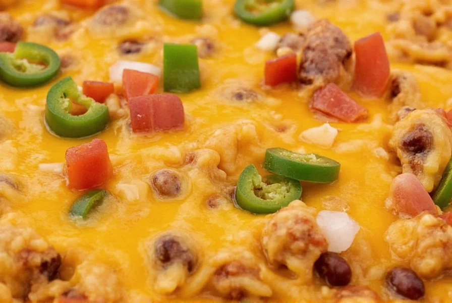 Close-up of melted cheddar cheese topping Frito Chili Cheese with optional toppings