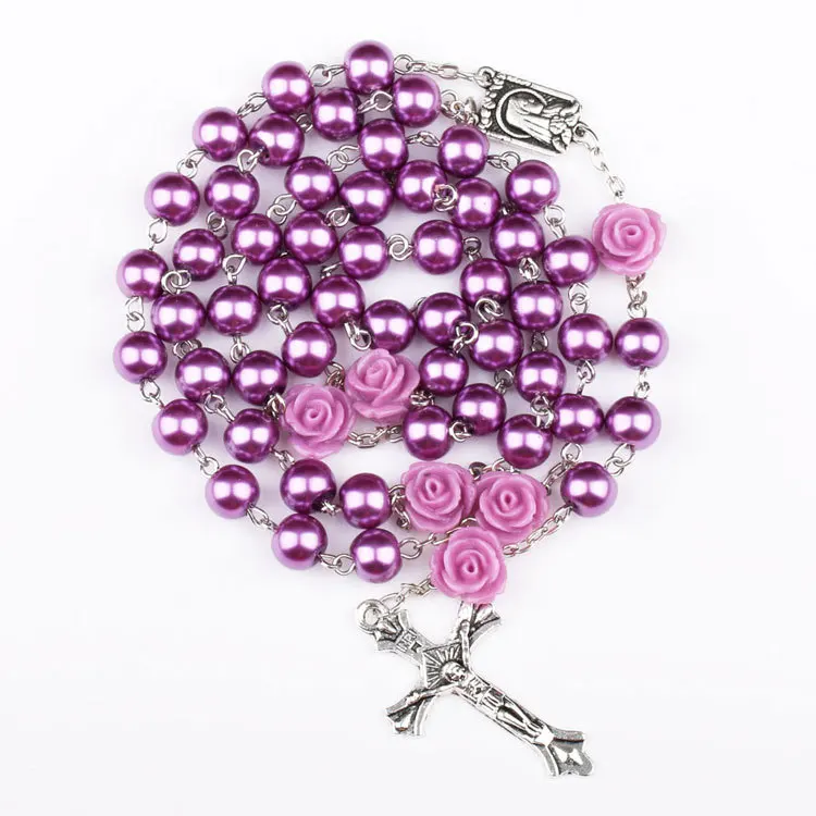

Catholic Purple Pearl Beads Rosary Necklace Our Rose Lourdes Medal & Cross