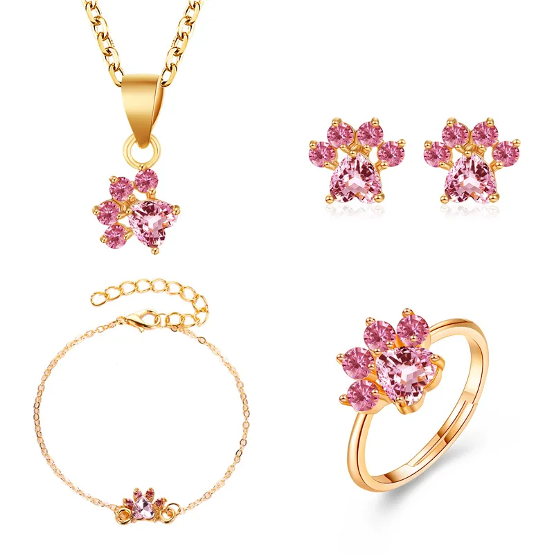 

4Pcs/Set Pink Crystal Bear Paw Cat Claw Wedding Jewelry Set Women Necklace Bracelet Ring Earrings, Picture color