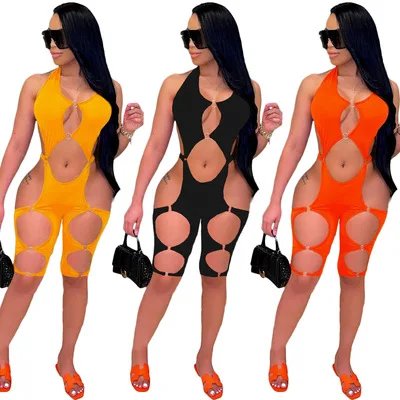 

F41431A Europe and United States Fashion Sexy Women's Clothing Hole Thong Women Jumpsuit 2021 Rompers and Jumpsuit Rompers, As picture