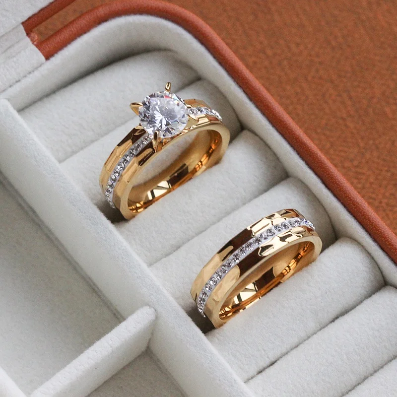 

Non Tarnish Dainty Jewelry Stainless Steel 18K Real Gold Plated Full Cubic Zirconia Diamond Engagement Wedding Rings