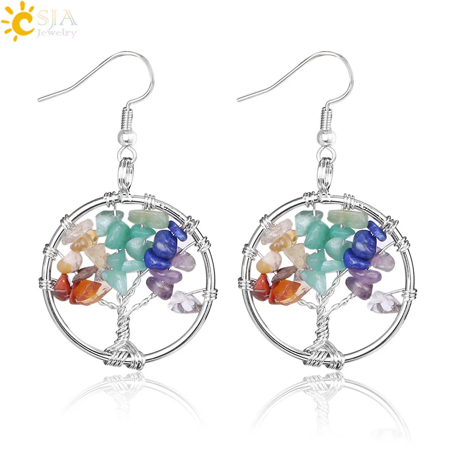 

CSJA cheap handmade natural chip crystal opal tree of life drop statement dangle hook earrings women jewelry E514