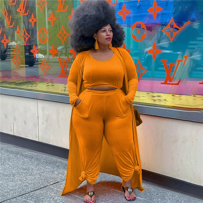 

Fall 2021 Fashion Wide Leg Pant 3 piece Cardigan Set Plus Size Women Clothing