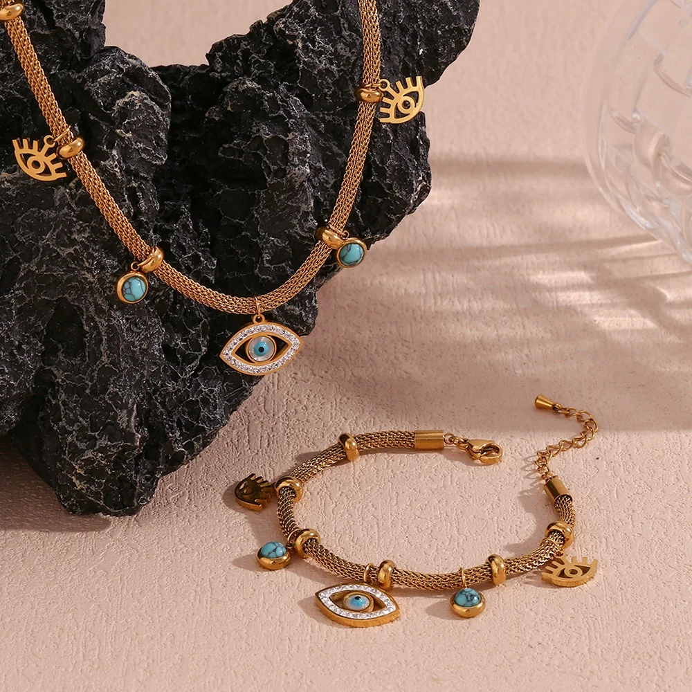 

Waterproof Charm Necklace Turquoise Evil Eye Jewelry Gold Plated Stainless Steel Choker