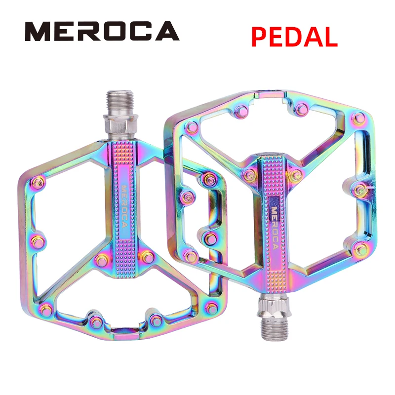 

factory price MEROCA Bicycle Pedal Aluminum Alloy Cycling Accessories Ultra Light Widened Anti-slip Bearing MTB Road Bike Pedals, Black/rainbow