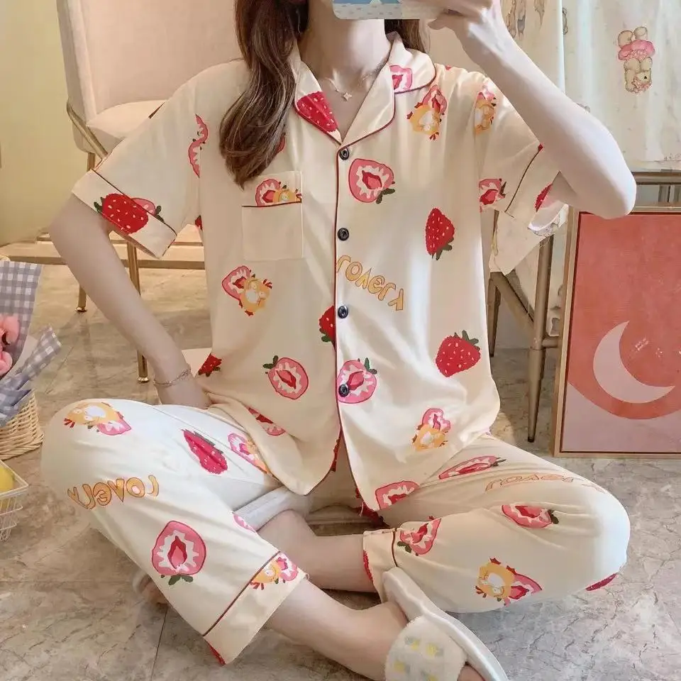 

new design pajamas set custom print Comfortable printed short cute girls sleeve nightgown