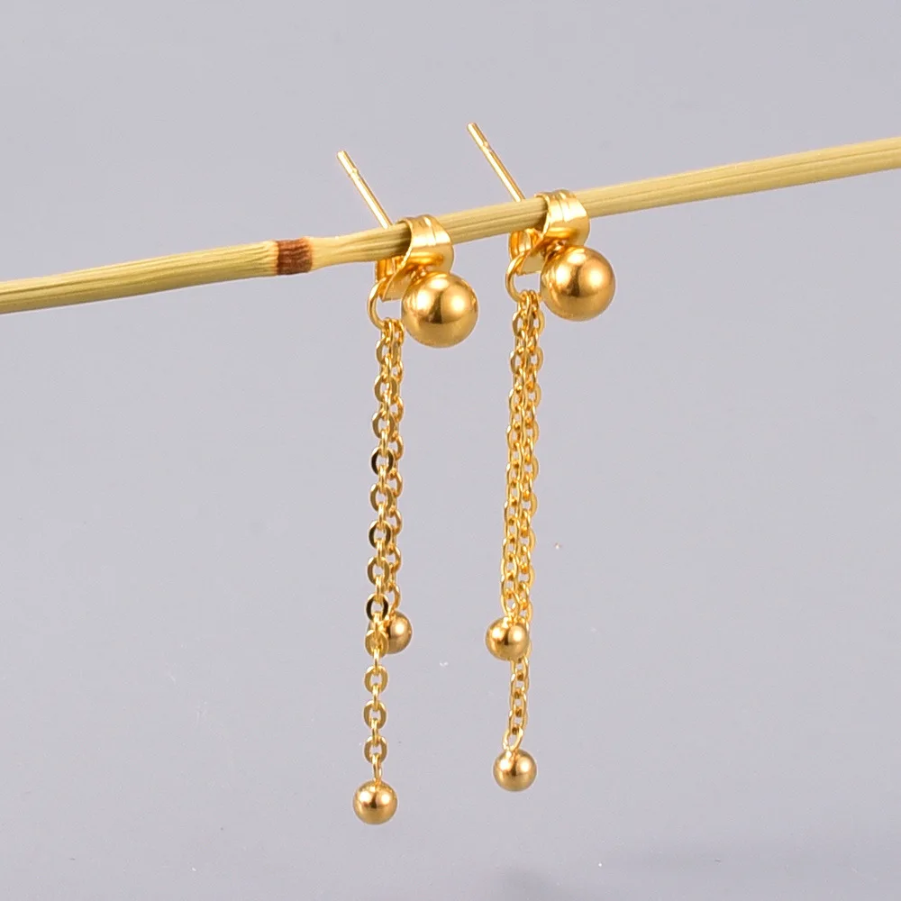 

Minimalist Real Gold Plating Glossy Bead Long Tassel Chain Earring Wholesale Stainless Steel Bead Drop Earrings For Women