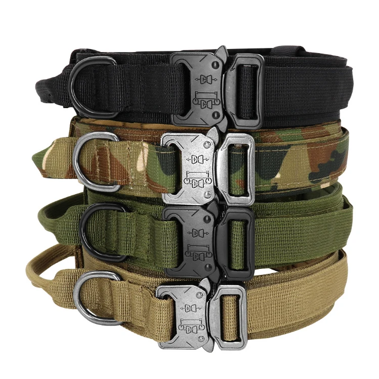 

China Factory Wholesale Stocked Heavy Duty Military Pet Collar Nylon Adjustable Tactical Dog Collar Metal Buckle With Handle, 4 colors for choice
