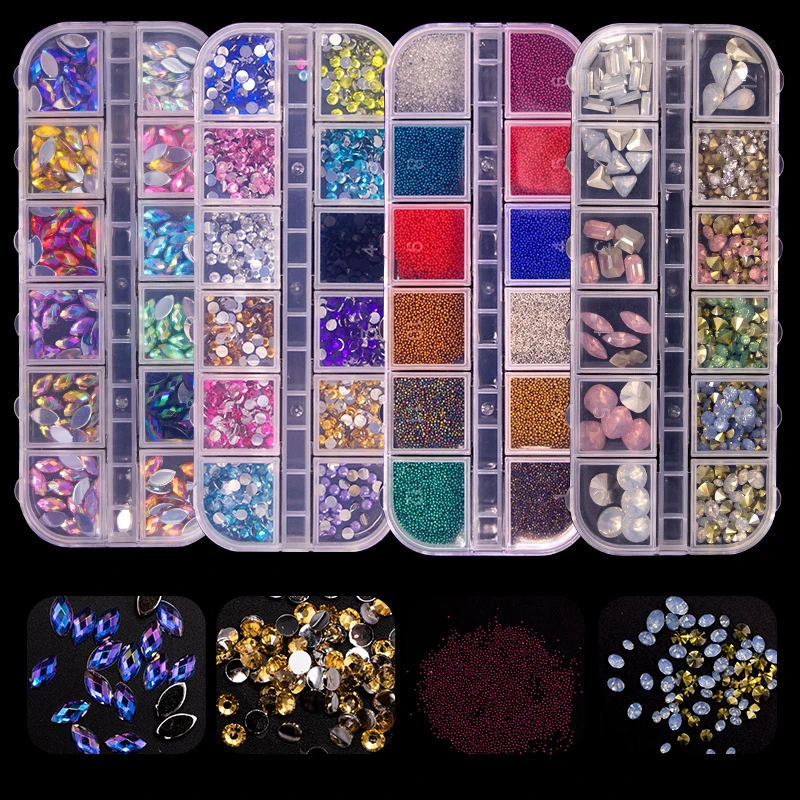 

4 Boxes 12 Grids Nail Art Accessories Professional Nail Diamonds Fruits, 4 colors