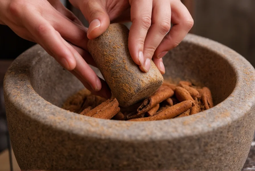 Molienda tradicional de canela en mortero de piedra