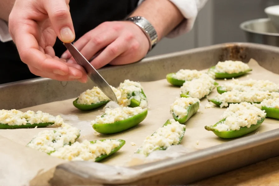 Chef preparing stuffed jalapeño peppers with cream cheese filling