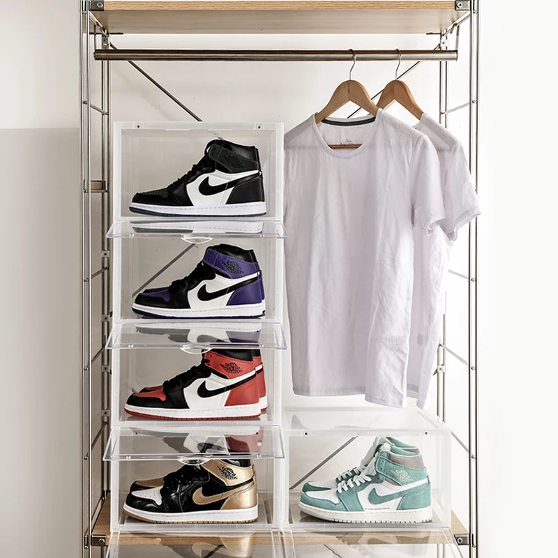 
Side Open Drop Door Steady Stackable Simple Assemble Custom Nike Sneakers Foldable Clear Shoe Storage Box With Magnetic Door 