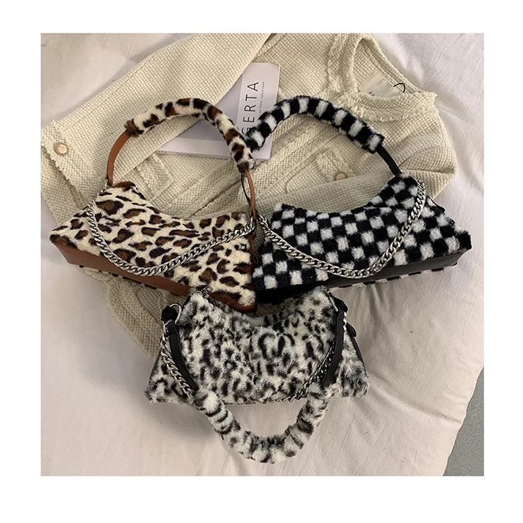

Leopard Pattern Ladies Faux Fur Underarm Purses Soft Plush Fall Winter Shoulder Armpit Bags Dumpling Shaped Women Hand Bags