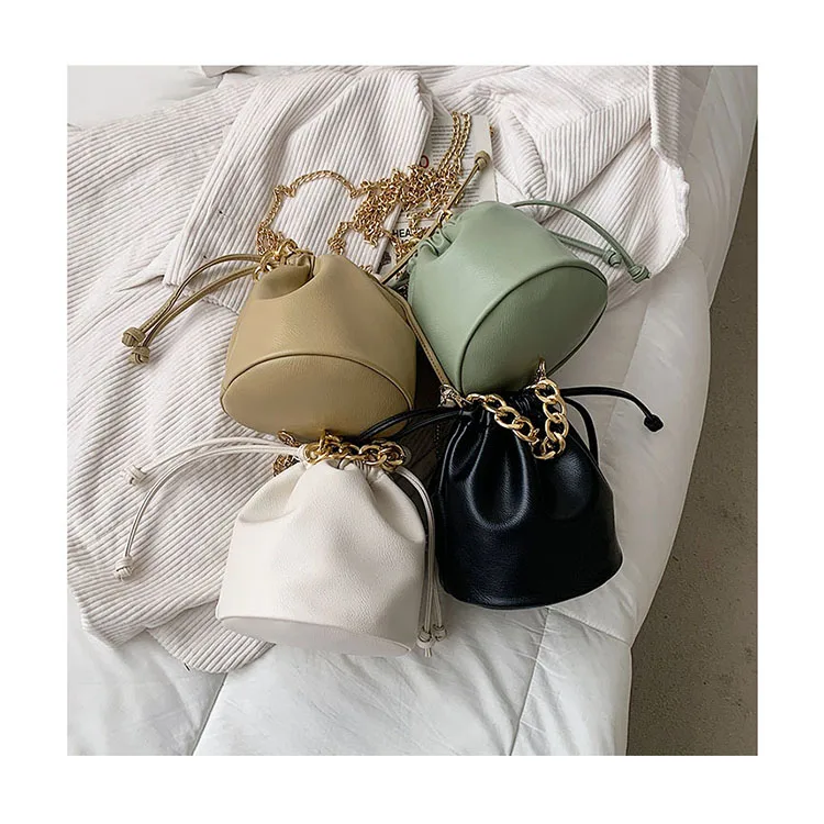 

Small Drawstring Solid Color Crossbody Bags For Women PU Leather Chain Bucket Bags Ladies Simple Wild Handbags and Purses bolsa