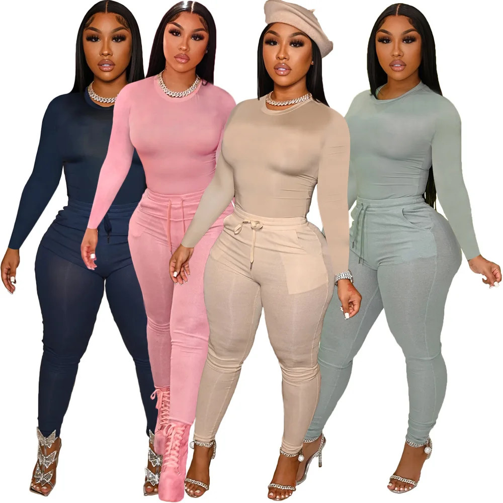 

2022 New Winter Spring Custom Woman Clothing Solid Sexy Skinny Workout Tracksuit Jogger Two Piece Pants Set 2 Piece Set Women, Color