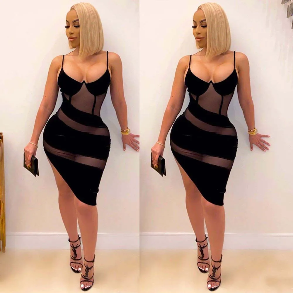 

Summer women clothes 2021 sexy V-neck sleeveless mesh see through mini bodycon dress for women nightclub wear, As picture