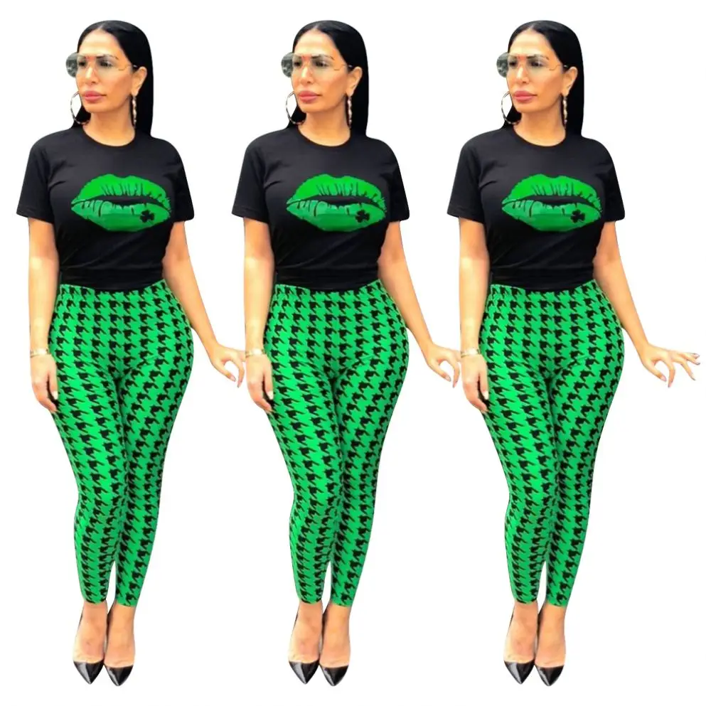 

Summer Women Casual Circular Collar Lip Printing Casualness Short Sleeved And Trousers Two Piece Set, Picture