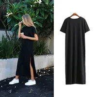 

Women Summer Casual Maxi T Shirt Dress Elegant Vintage Wrap Black Split Long Dresses