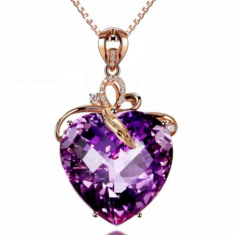 

Wholesale Popular Rose Gold Plated Women Heart Shape Amethyst Stone Necklace Zircon Inlay Crystal Necklace