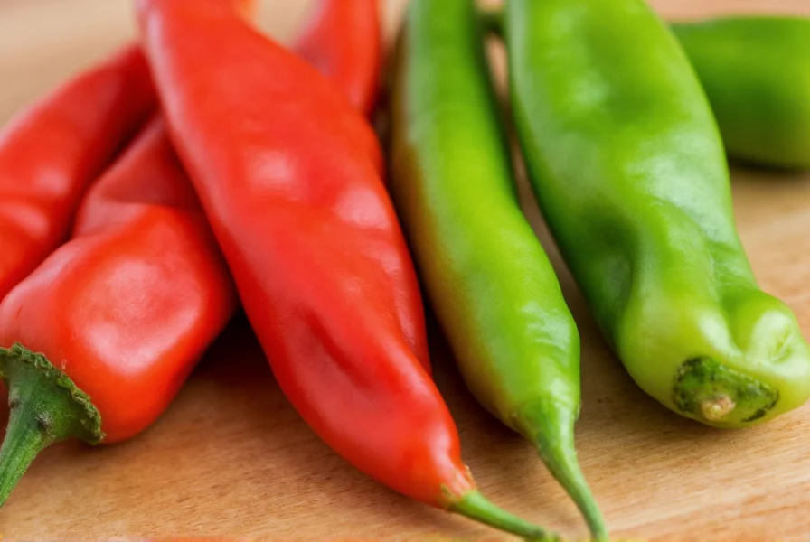 Close-up comparison of red and green Thai bird's eye chilies on wooden cutting board