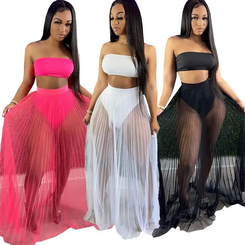 

New arrivals summer 2 piece set women maxi skirt sexy Tube top with see through Mesh tops skirt sexy 2 piece set women summer