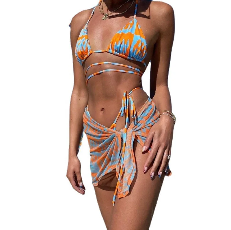 

S191 Three piece Bikini Halter&Lace up string swimsuit Women Bathing Suits Women Swimwear, Blue,pink