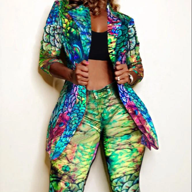 

Women's Fashion Suit trousers Sets 2 Piece Jackets Outwear blazer clothing High Waist Pants joggers sets outfits, Black green leopard