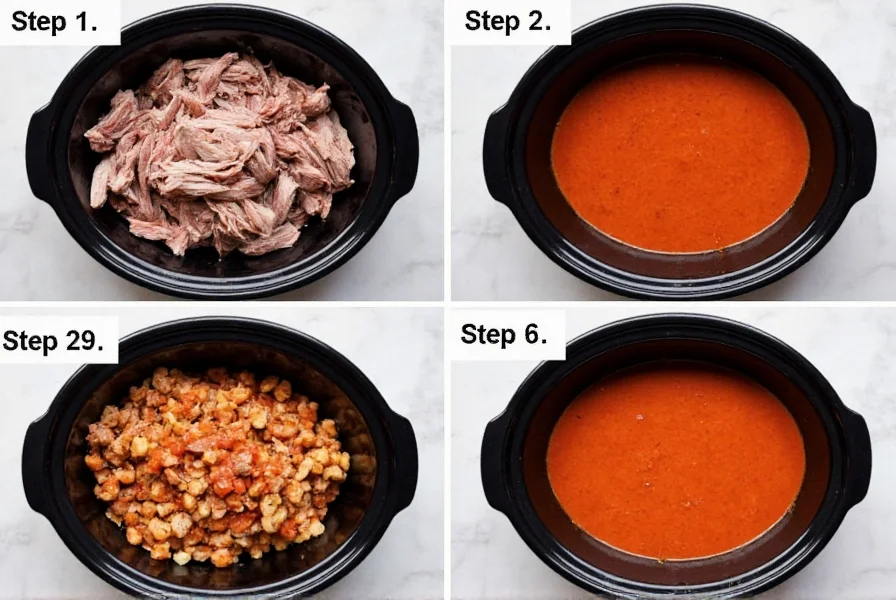 Step-by-step shredded pork chili preparation showing pork shoulder being shredded and mixed with rich red chili sauce in a slow cooker