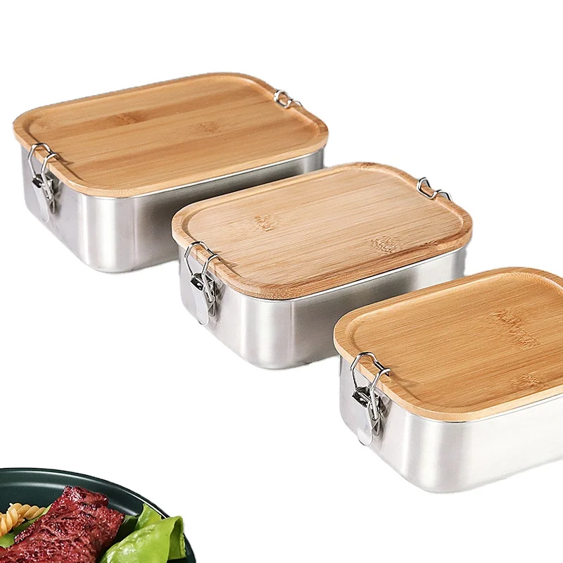 

Food Grade Rectangular Metal Stainless Steel Bento Lunch Box with Bamboo Lid and Silicone Sealing ring