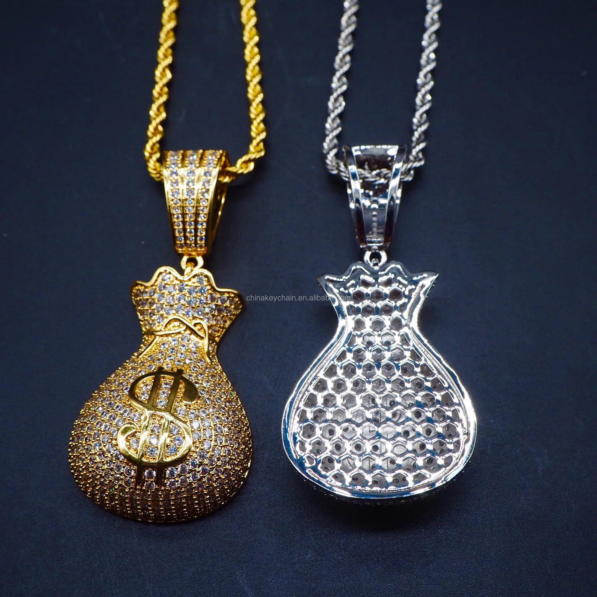 Classic Us Dollar Money Bag Men Pendant Necklace With Tennis Chain Gold Silver Color Men Hip Hop