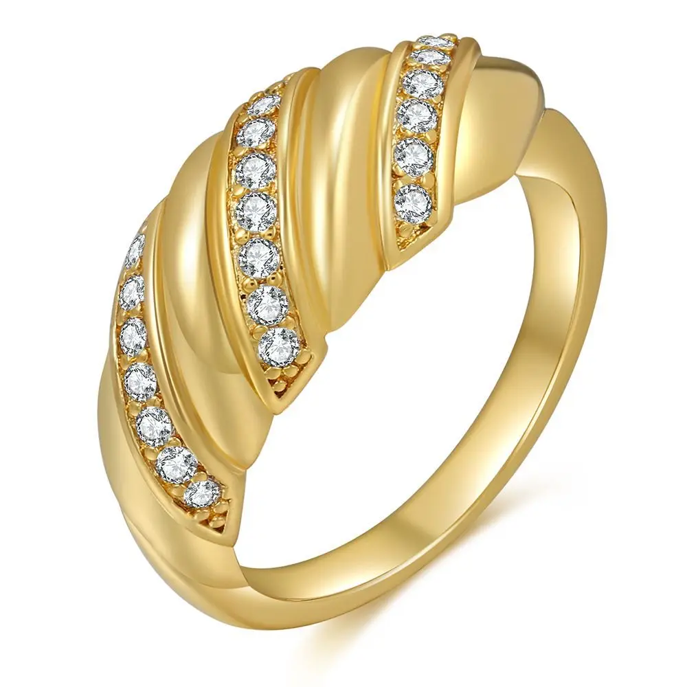 

Fashion Chunky Gold Plated Crystal Textured Croissant Rings Rope Twist Croissant Ring for Women