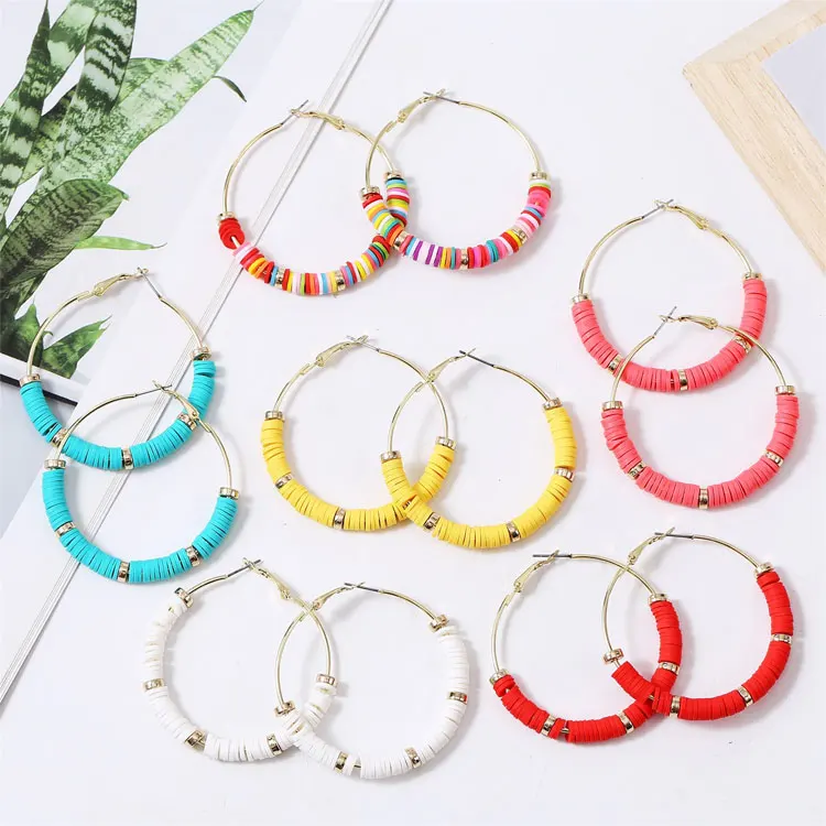 

SC New Style C Shaped Big Hoop Earrings Jewelry Bohemian Handmade Multicolor Disc Beads Polymer Clay Earrings for Women 2021