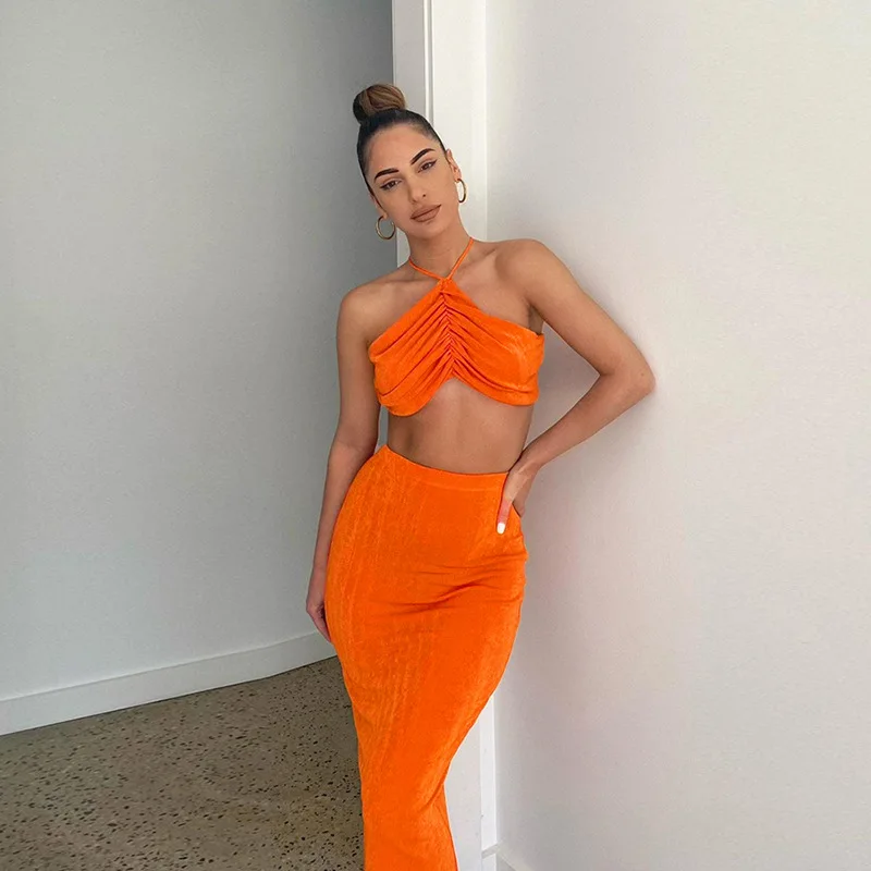 

Halter Ruched Crop Top and High Waist Long Skirt Suits Summer Backless Sleeveless Matching Sets Women Two Piece Set