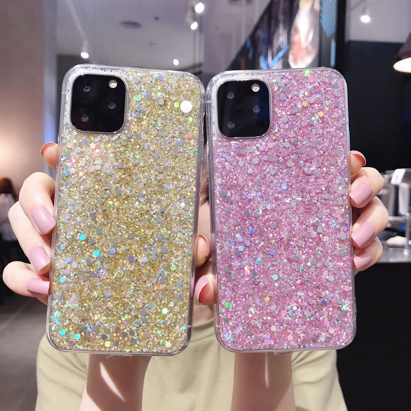 

Girls Beautiful Epoxy Sequins Bling Glitter Quicksand Star TPU Phone Case For iPhone 12 Pro Max Mini, Mix