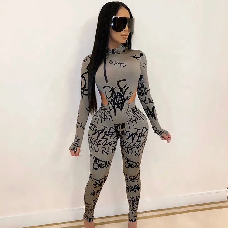 

Fashion wholesale Transparent Sexy Skinny Long For Sleeve Printed Backless Women Jumpsuit, Picture