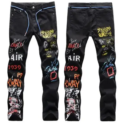 

Fashion Streetwear Men Jeans Graffiti Printed Jeans Men Designer Hip Hop Pants Slim Fit Elastic Punk Style Pencil Jean Pants, Black