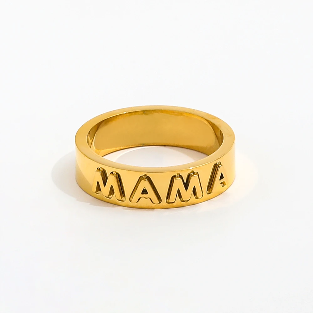 18K Gold Plated Non-Tarnish & Waterproof Stainless Steel Mama Letter Band Ring for Women Stylish Trendy Jewelry Gifts Parties