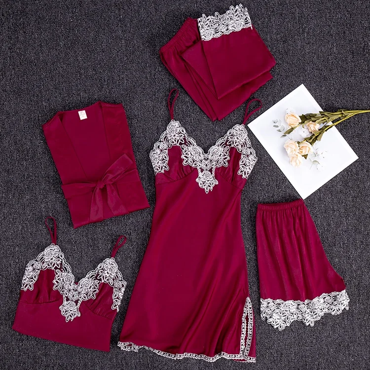 

2020 Custom 5 pieces pyjamas set with lace nighty loungewear set for women