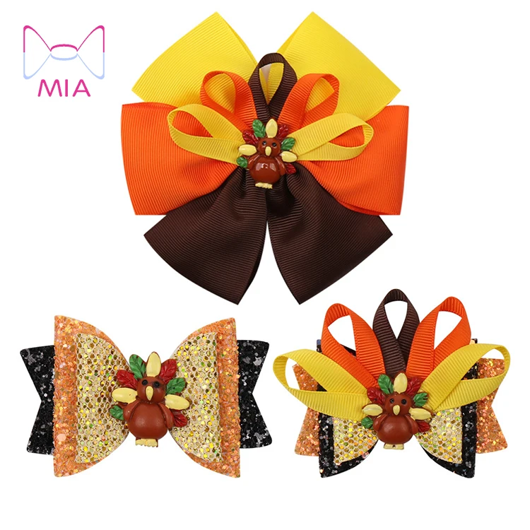 

Free Shipping Girls' New Thanksgiving Day Party Props Turkey Hair Bow Hairpin Set Children's Ribbon Glitter Bow Hair Clips, Picture shows