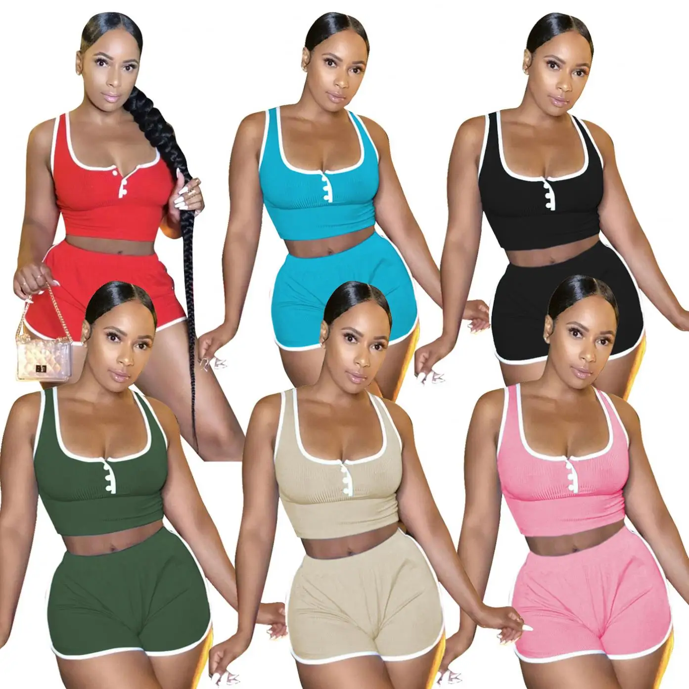 

Women Biker Short Sets 2 Piece Set Ribbed Crop Tank Tops+shorts Two Piece Sweat Suits, Pink red black apricot blue green