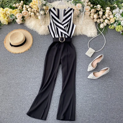 

2020 Summer Women Fashion Striped High Waist Wide Leg Jumpsuits